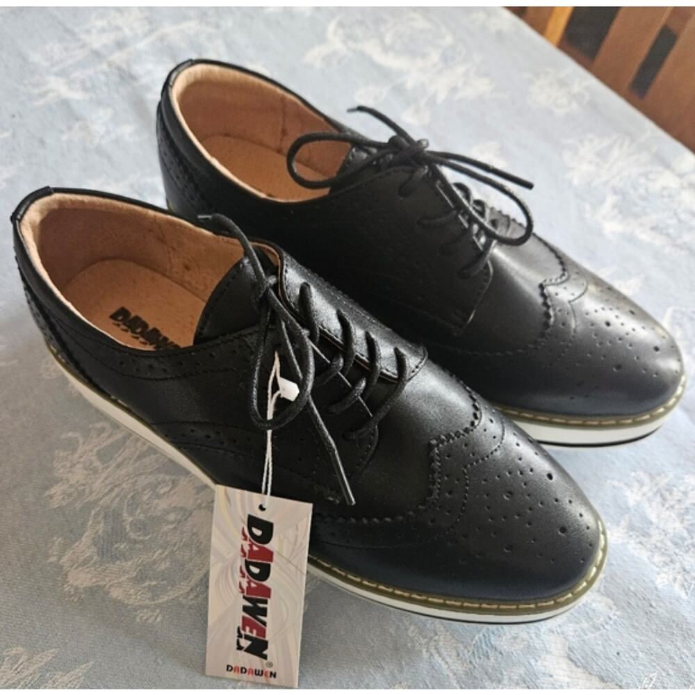 Dadawen Black Vegan Patent Leather Oxford  Olive Striped Platform Shoes Sz 10